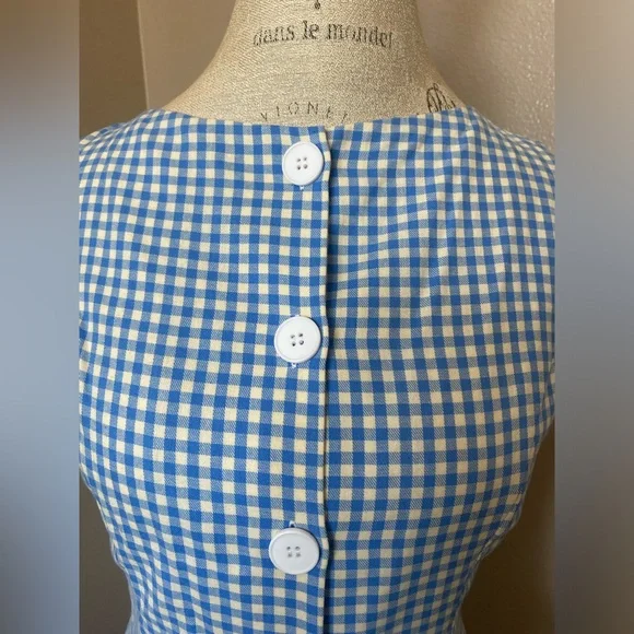 Blue and White Boat Neck Gingham Mini Dress - Picture 3 of 4
